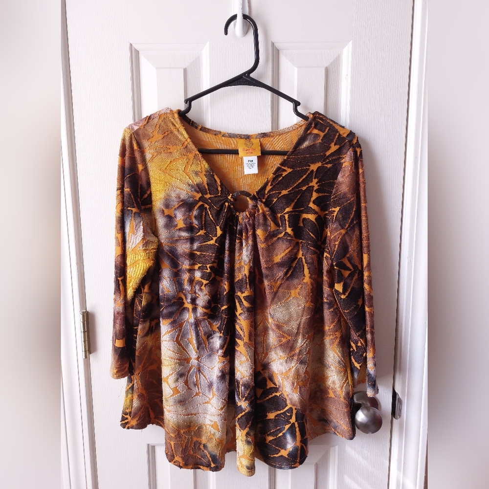 Ruby Rd. - Black & Orange Blouse Abstract  Distressed Design Loose Fit